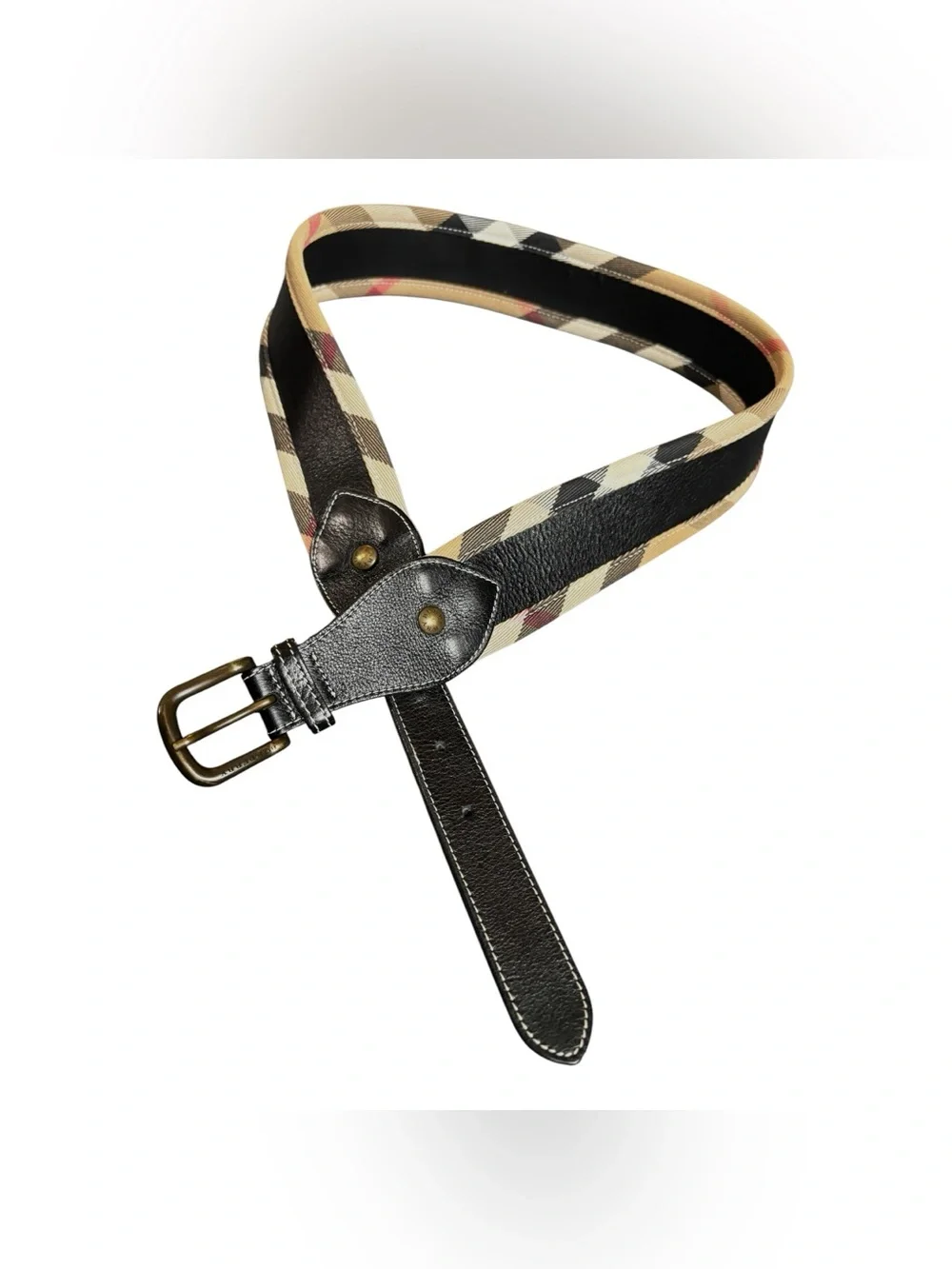 Burberry Black Leather Belt with Signature Beige Check Accent